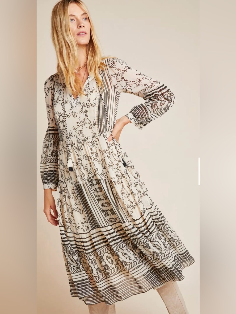 Anthropology Talulah Tiered Midi Dress Cream/ black Boho Floral